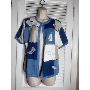 Vtg 90s Breckenridge Petite Nautical Patchwork Cardigan Sweater Blue  Shells PM